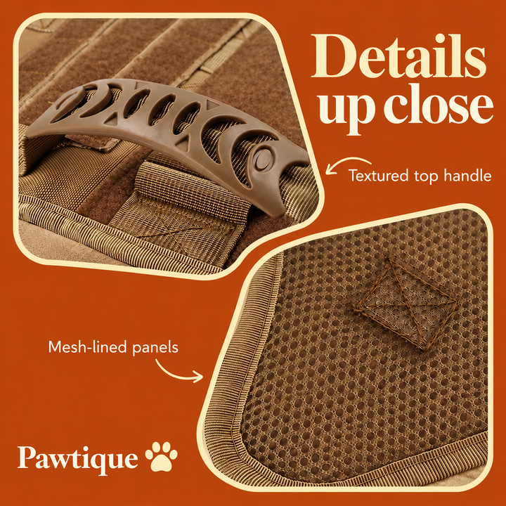 Close-up of the K9 harness textured top handle and mesh-lined panels