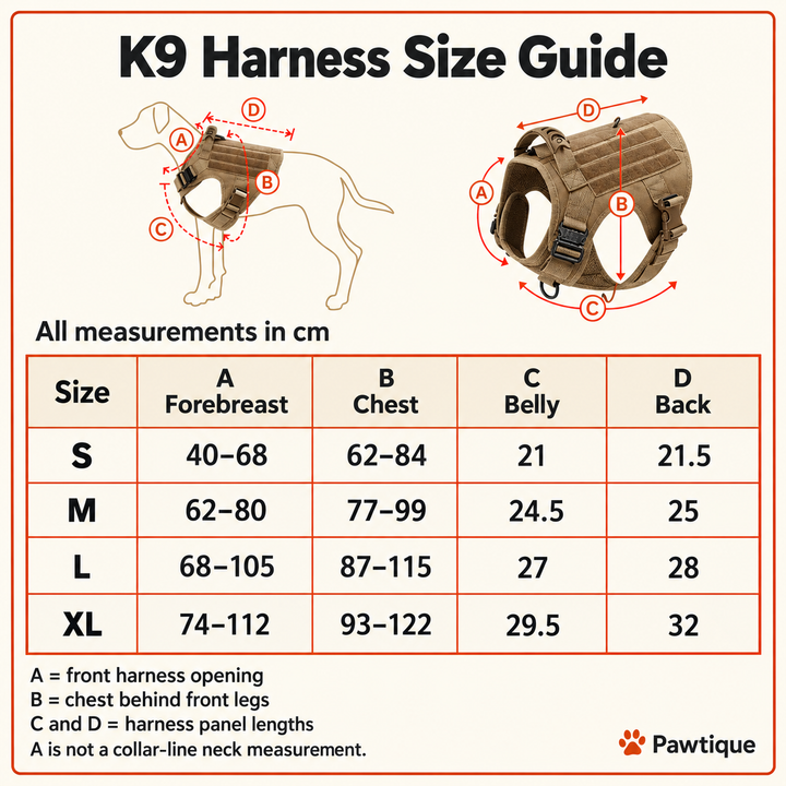 K9 harness S to XL size chart in centimetres for forebreast girth, chest girth and harness panel lengths