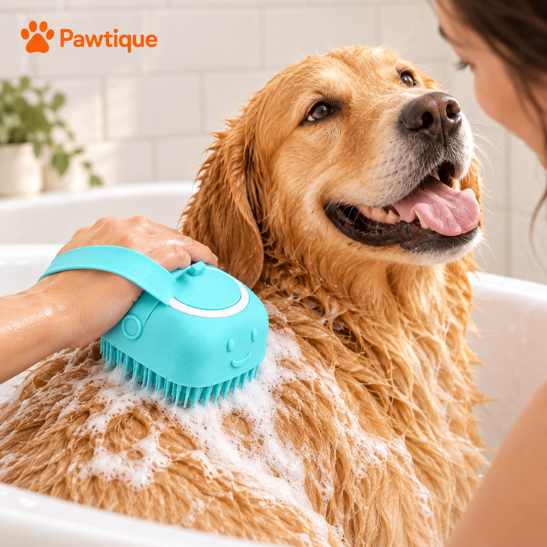 Using one aqua bath brush with its hand strap on a wet dog coat