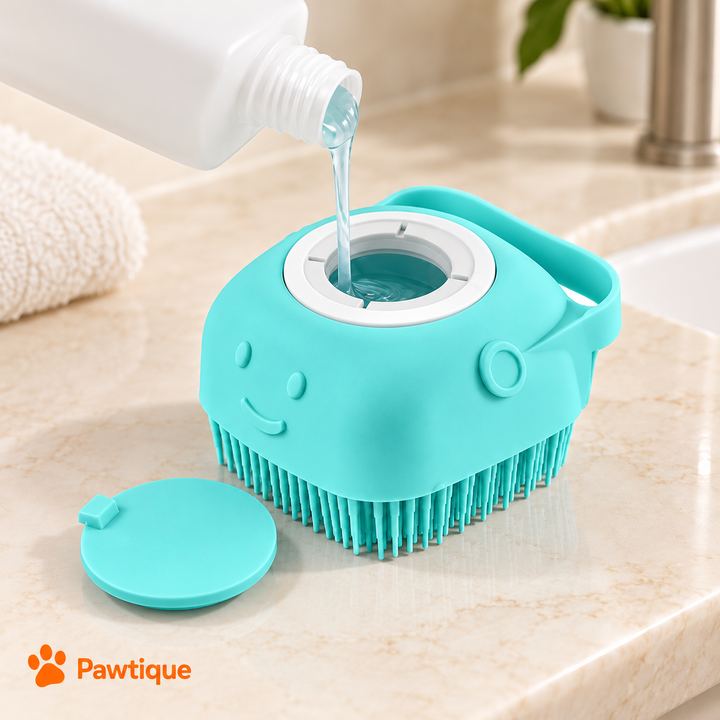 Adding pet shampoo through the bath brush circular refill opening
