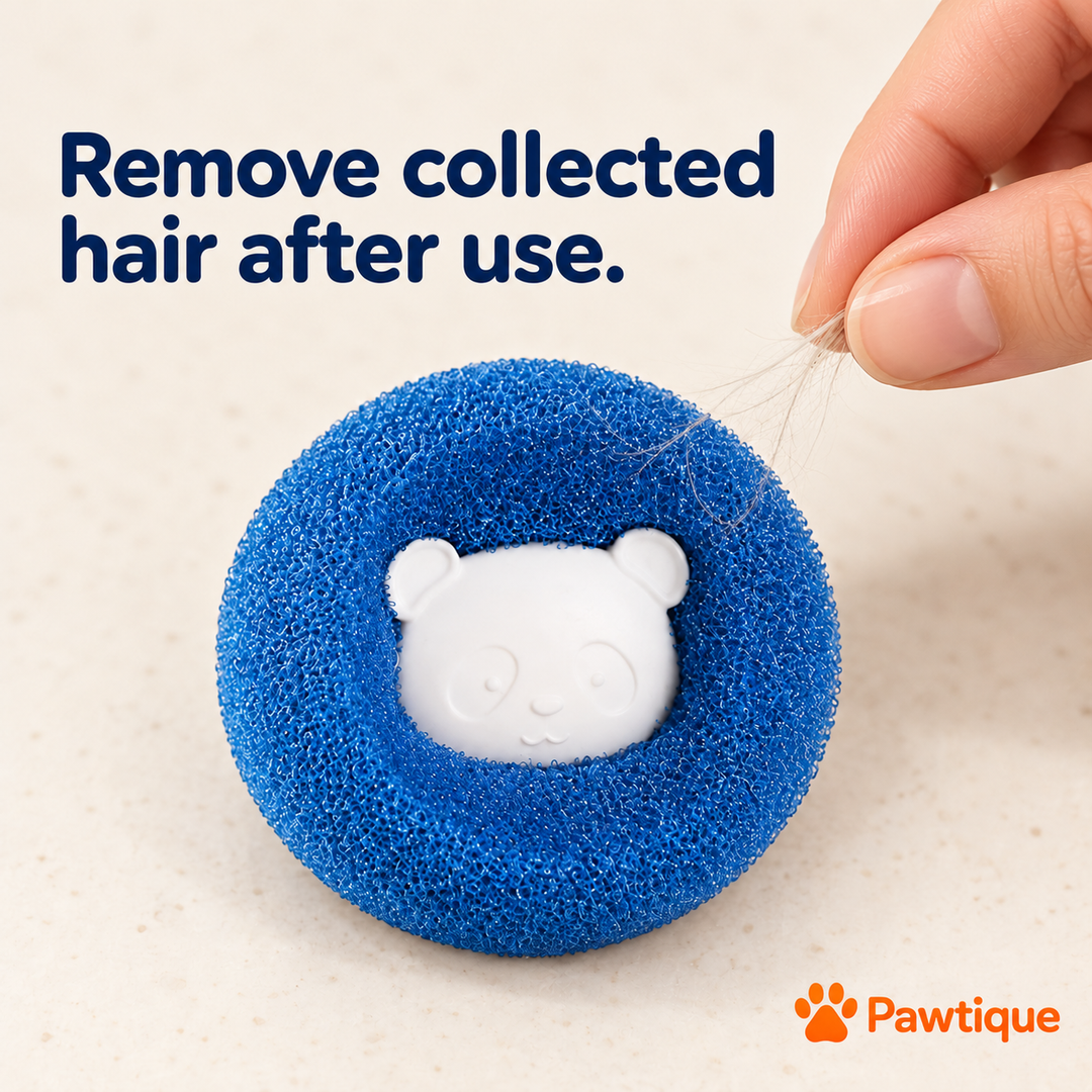 Fingers remove a few collected hair strands from a blue round laundry catcher after use.
