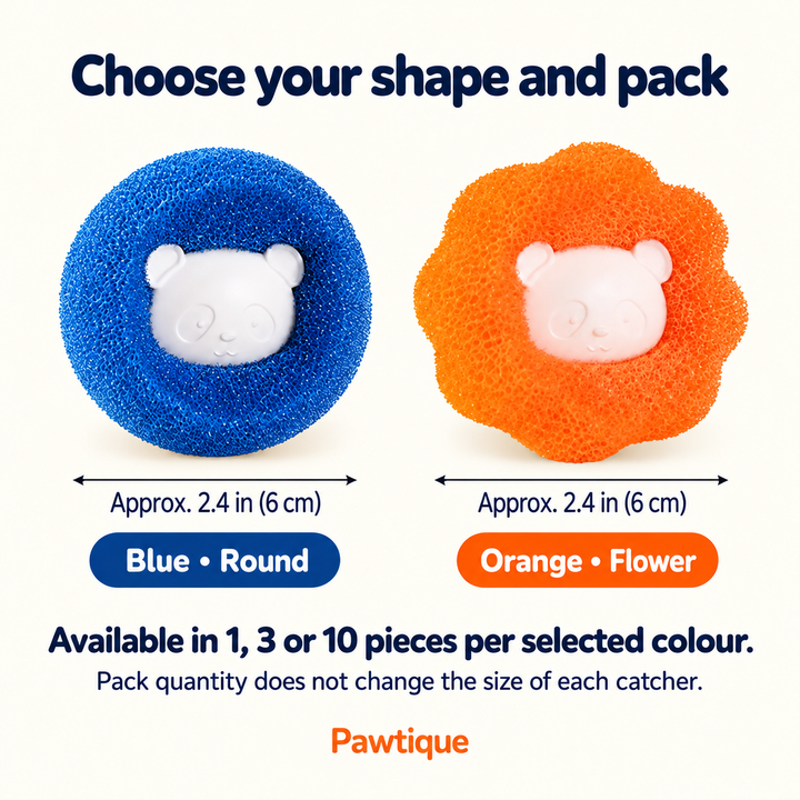 Blue round and orange flower laundry fur catchers, each approximately 2.4 inches or 6 centimeters across; choose 1, 3 or 10 pieces in one color.