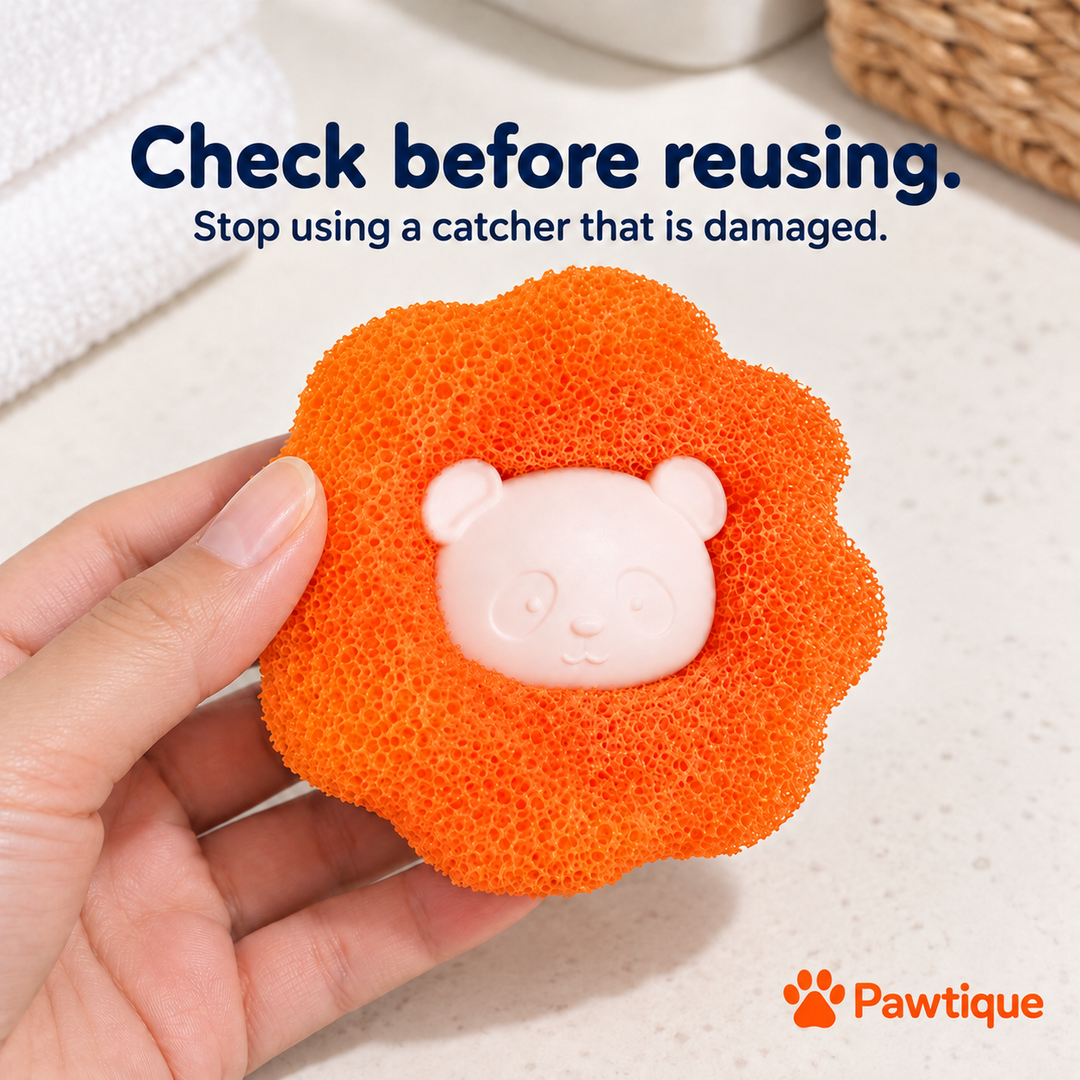 A hand holds an orange flower catcher for inspection before reuse; stop using a damaged catcher.