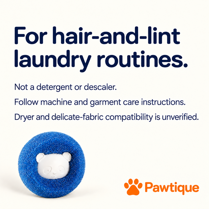 Laundry catcher care limits: not a detergent or descaler; dryer and delicate-fabric compatibility is unverified.