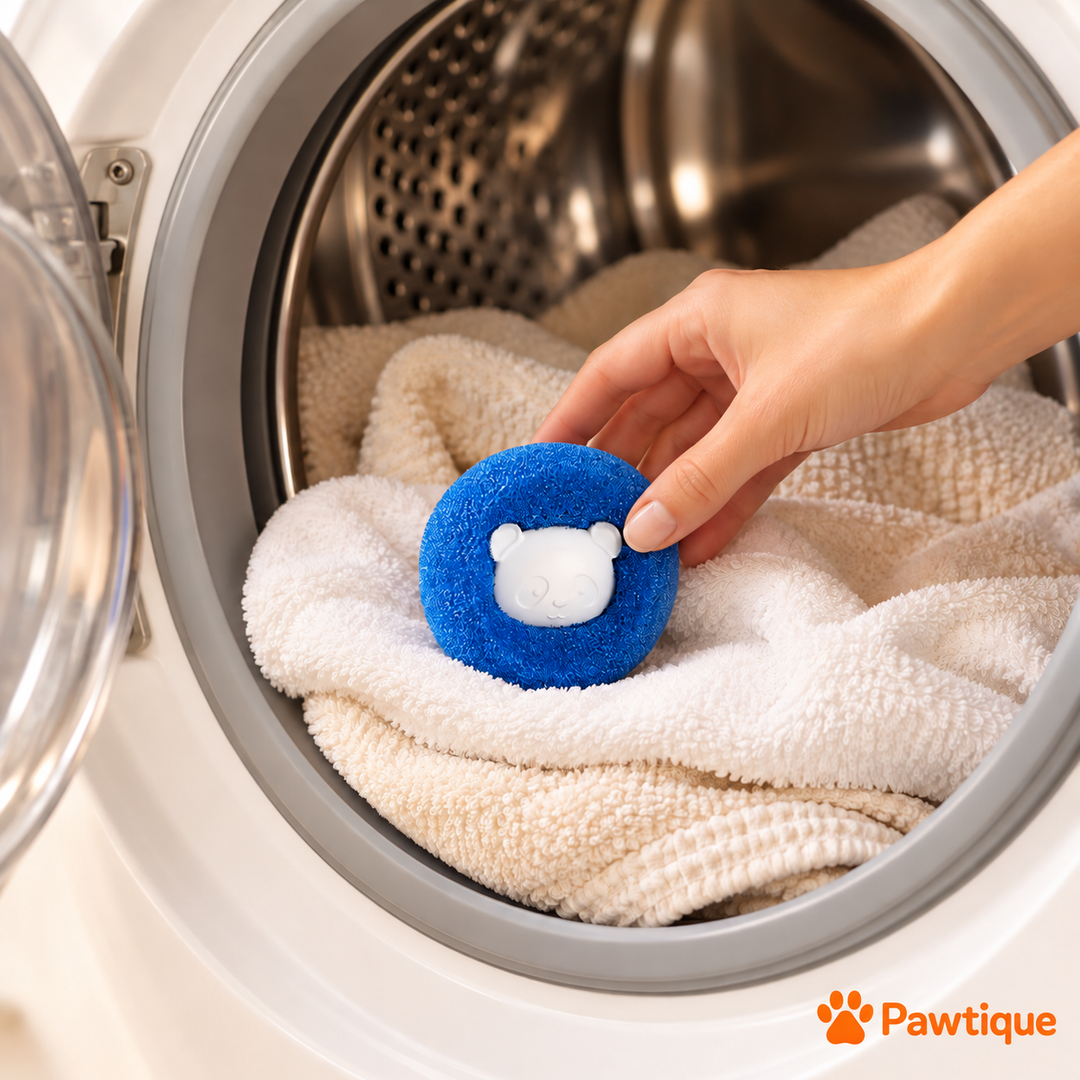 A hand places a blue round laundry catcher with towels in a washing machine; follow machine and garment care instructions.