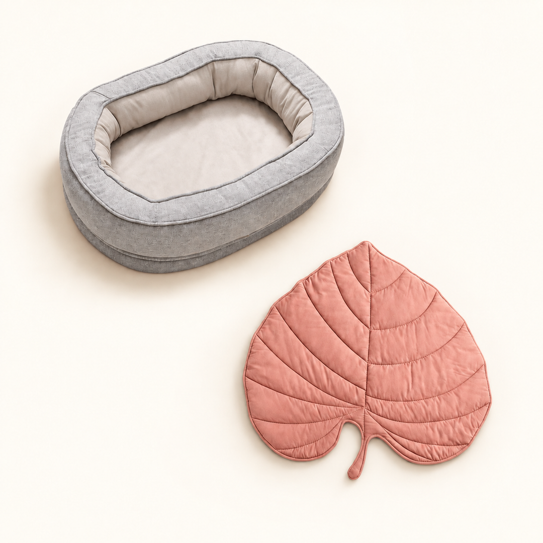Pawtique LeafNest mist grey bed + anthurium pink blanket dog bed and leaf blanket set