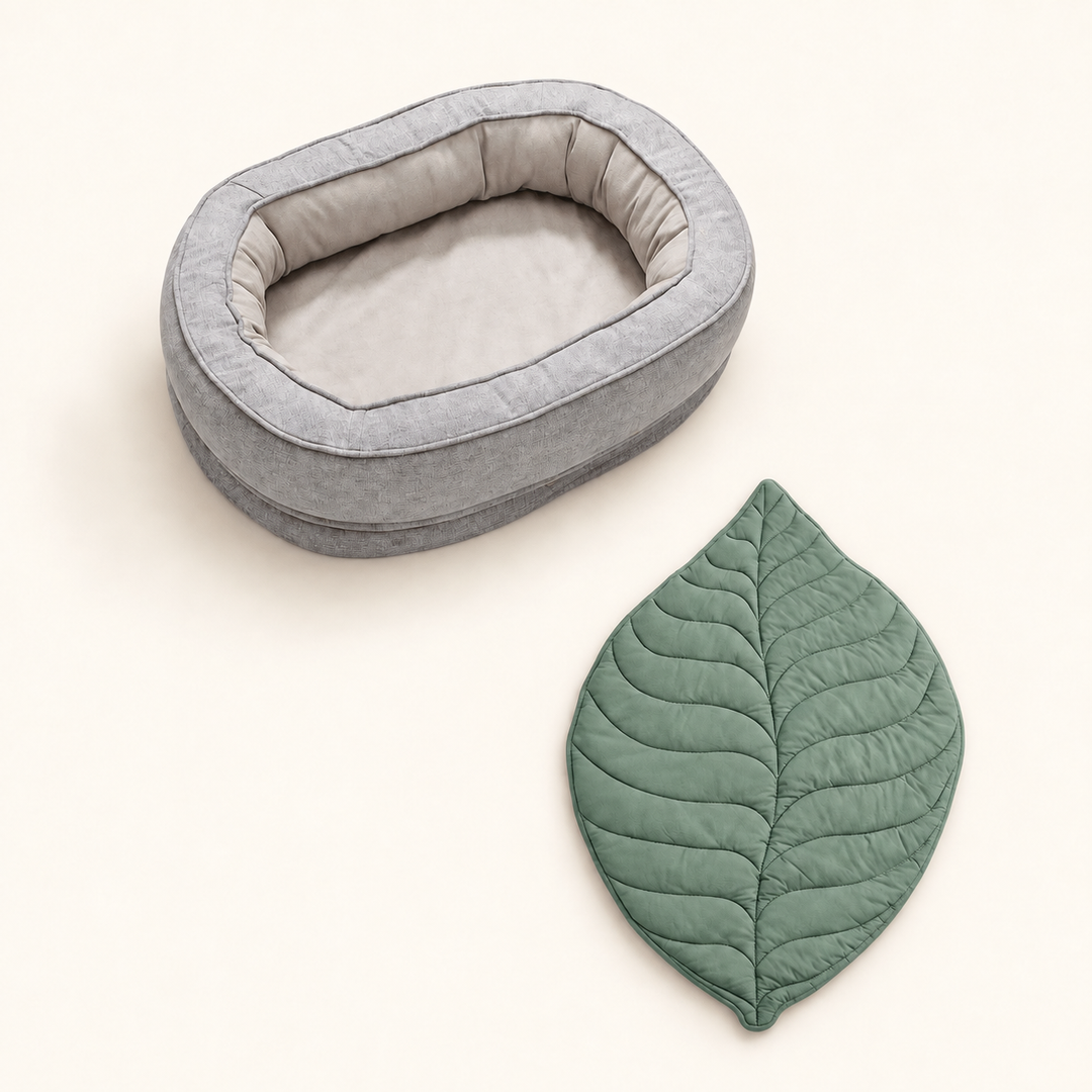Pawtique LeafNest mist grey bed + elm green blanket dog bed and leaf blanket set