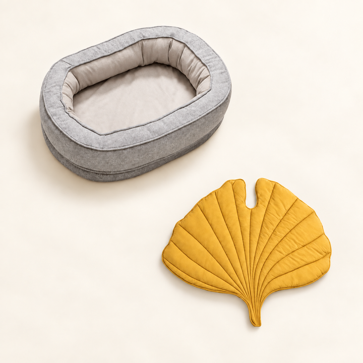 Pawtique LeafNest mist grey bed + ginkgo yellow blanket dog bed and leaf blanket set
