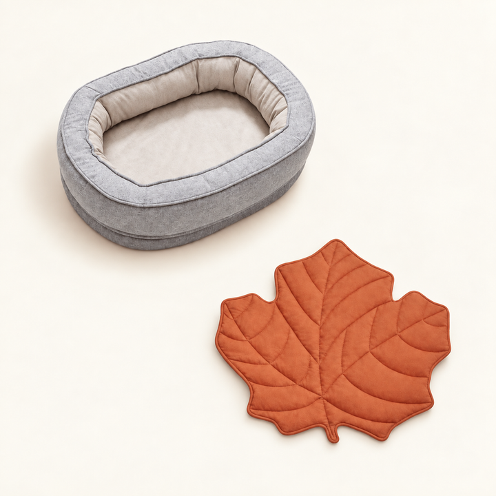 Pawtique LeafNest mist grey bed + maple red blanket dog bed and leaf blanket set