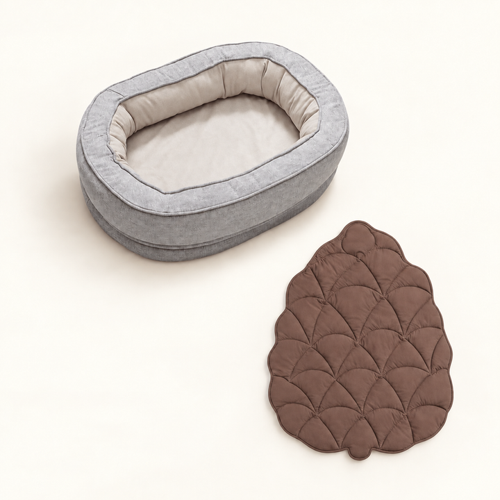 Pawtique LeafNest mist grey bed + pinecone brown blanket dog bed and leaf blanket set