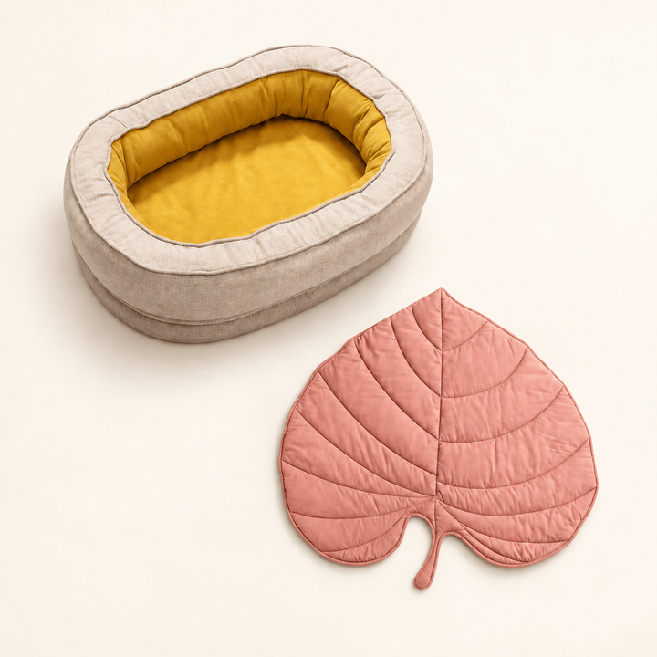 Pawtique LeafNest mustard bed + anthurium pink blanket dog bed and leaf blanket set