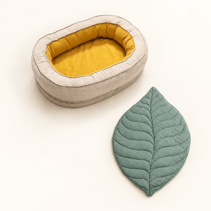 Pawtique LeafNest mustard bed + elm green blanket dog bed and leaf blanket set