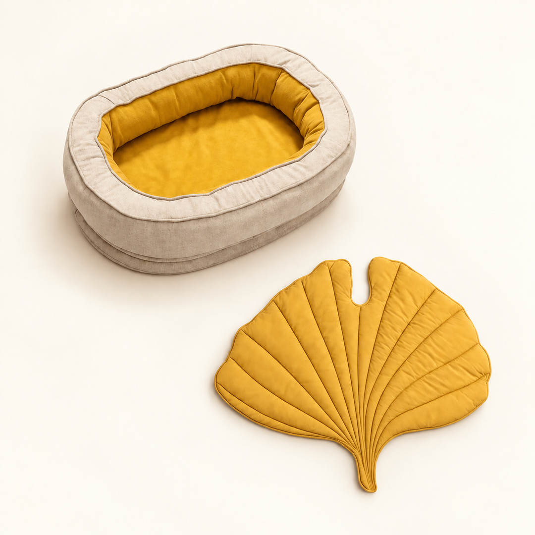 Pawtique LeafNest mustard bed + ginkgo yellow blanket dog bed and leaf blanket set