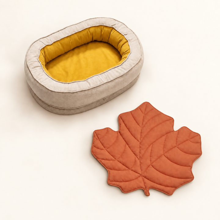 Pawtique LeafNest mustard bed + maple red blanket dog bed and leaf blanket set