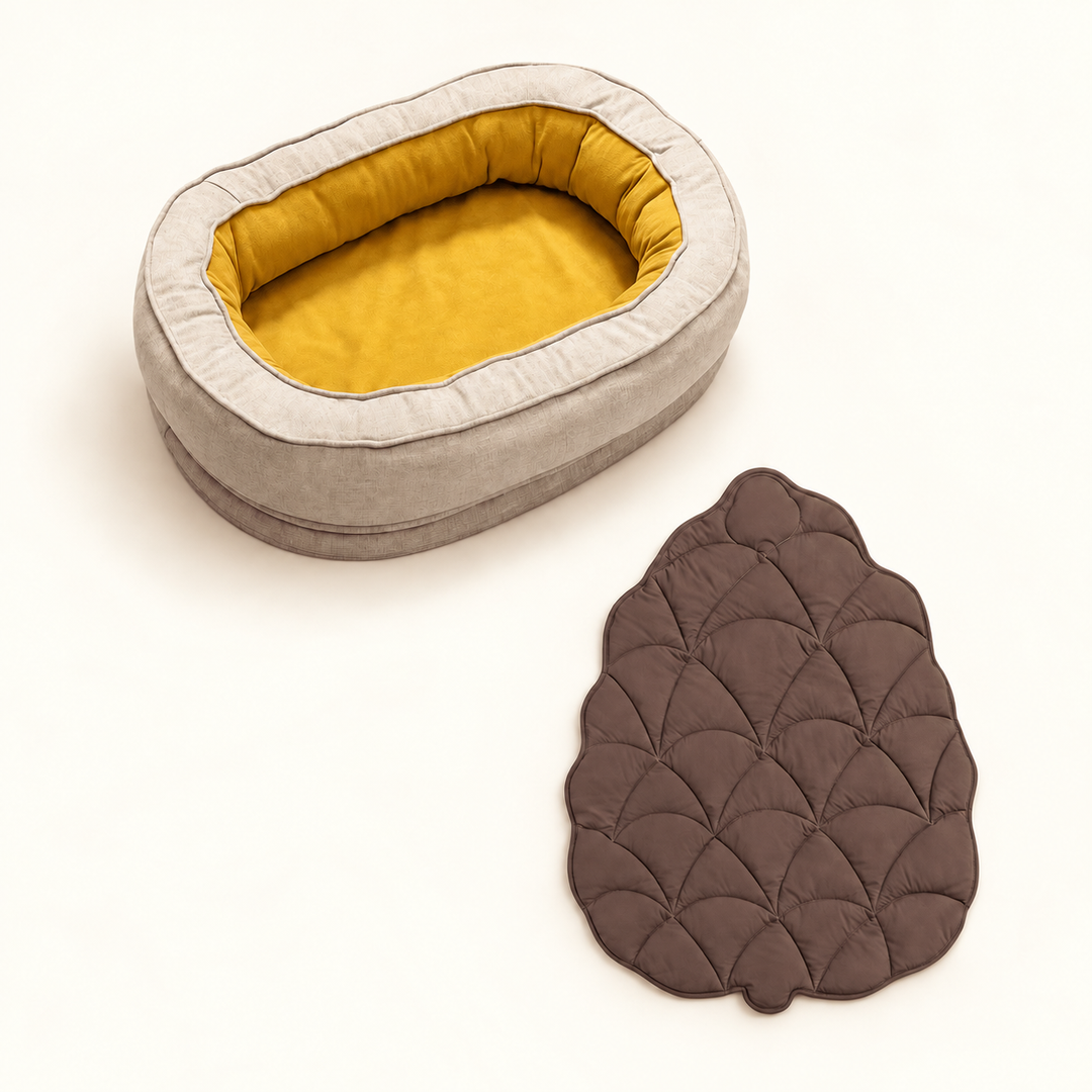 Pawtique LeafNest mustard bed + pinecone brown blanket dog bed and leaf blanket set