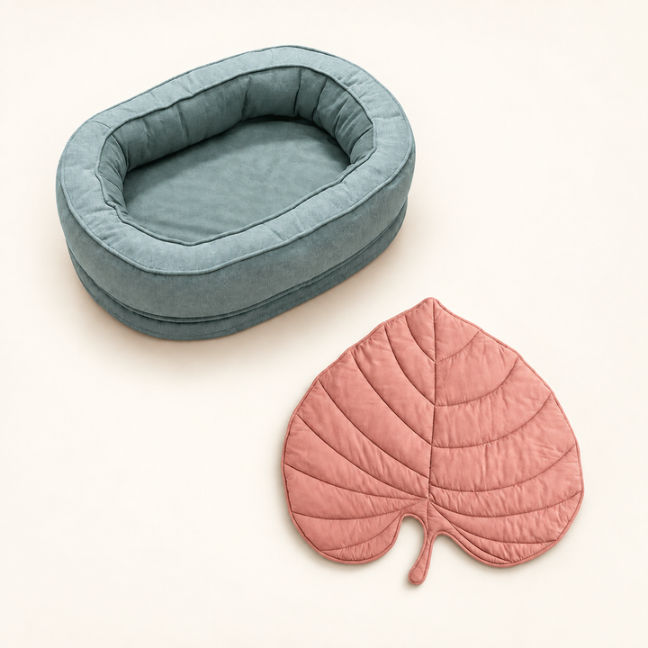 Pawtique LeafNest sage bed + anthurium pink blanket dog bed and leaf blanket set