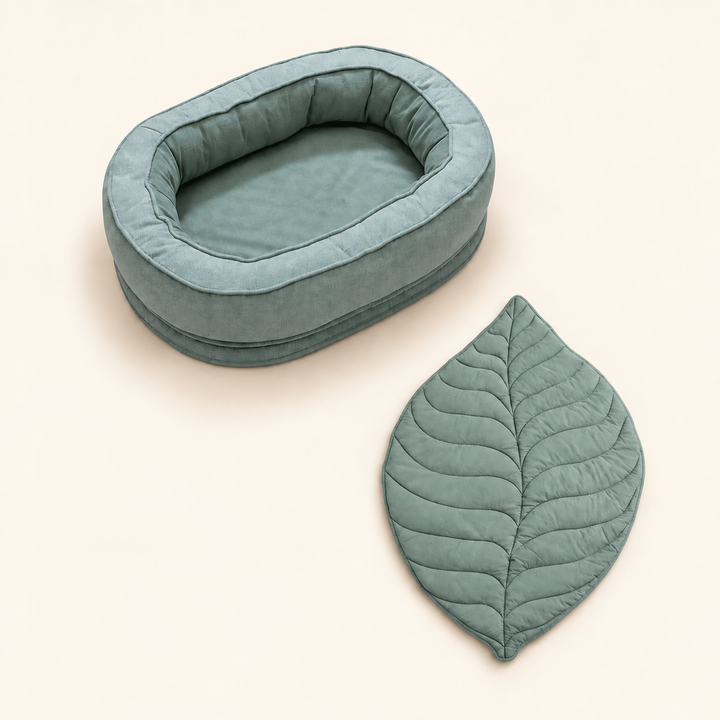 Pawtique LeafNest sage bed + elm green blanket dog bed and leaf blanket set