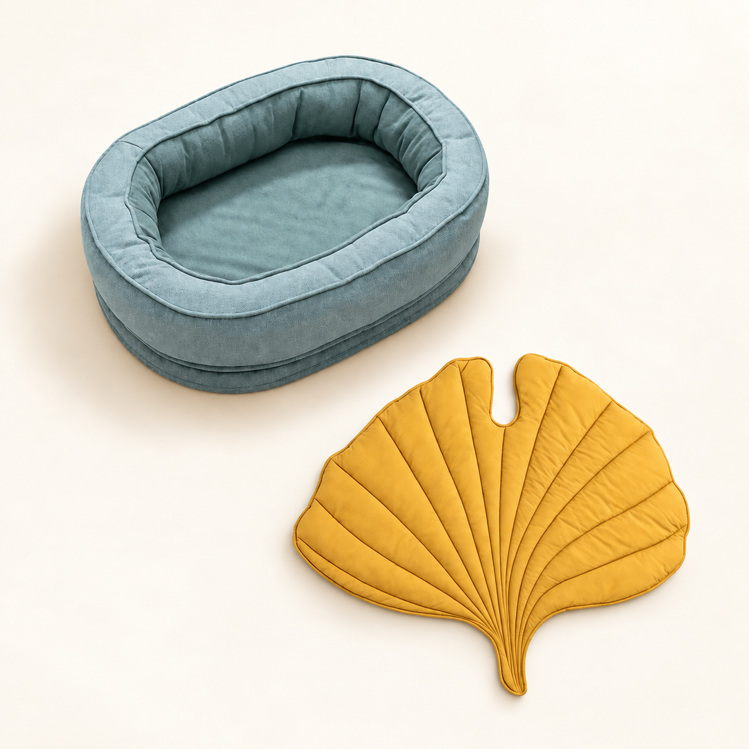 Pawtique LeafNest sage bed + ginkgo yellow blanket dog bed and leaf blanket set