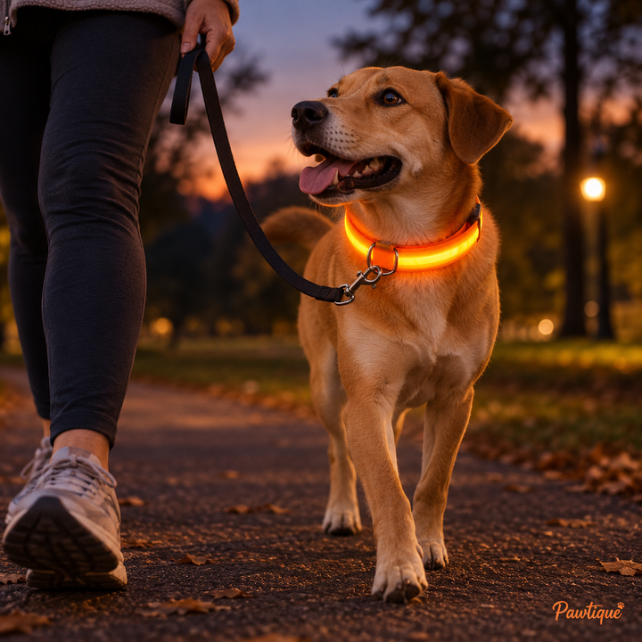 Orange LED collar worn by a dog on an evening walk; leash shown as a styling accessory