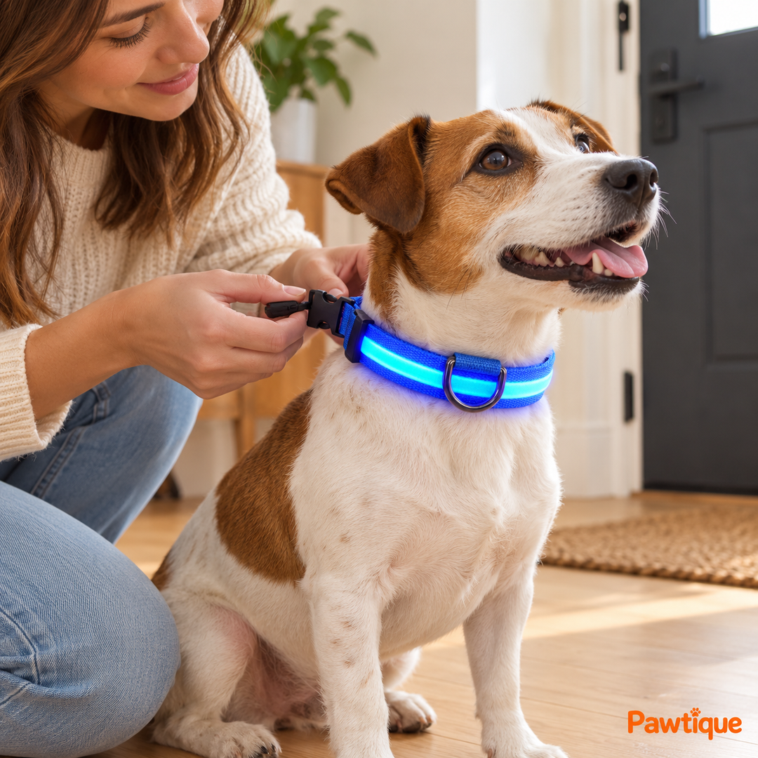 Blue LED collar being fastened before a walk