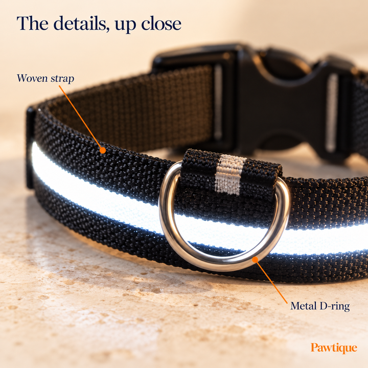 Close-up of the black LED collar woven strap and metal D-ring