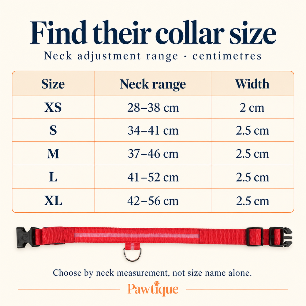 Pawtique LED dog collar size guide: XS 28–38 cm, S 34–41 cm, M 37–46 cm, L 41–52 cm, XL 42–56 cm neck ranges