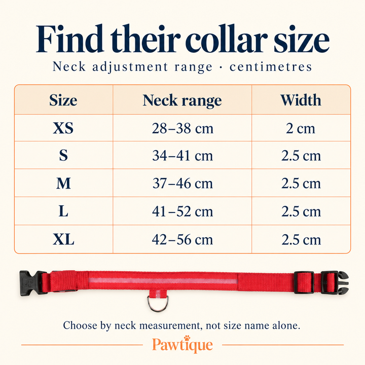 Pawtique LED dog collar size guide: XS 28–38 cm, S 34–41 cm, M 37–46 cm, L 41–52 cm, XL 42–56 cm neck ranges
