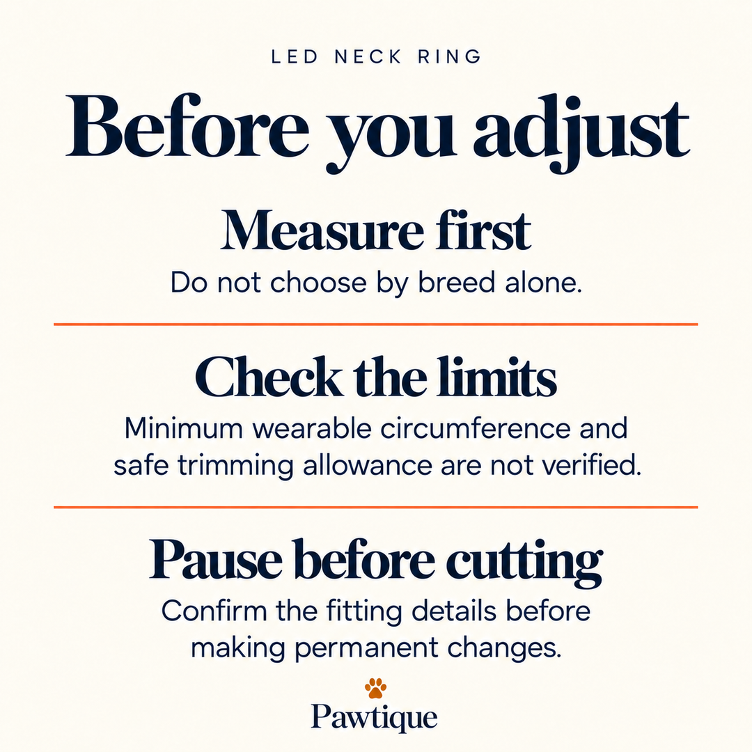 Pawtique LED neck ring fit guidance: do not choose by breed alone. Minimum wearable circumference and safe trimming allowance are not verified; confirm fitting details before permanent changes.