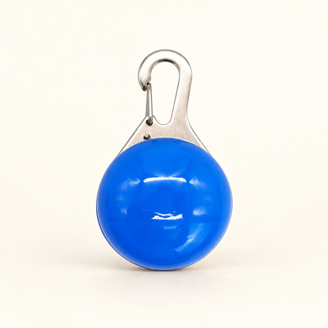 Blue clip-on LED collar pendant with round dome and silver spring-gate hook