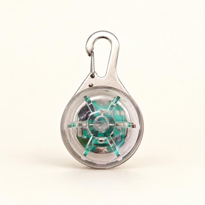 Multicolor LED collar pendant with transparent shell and visible internal circuit