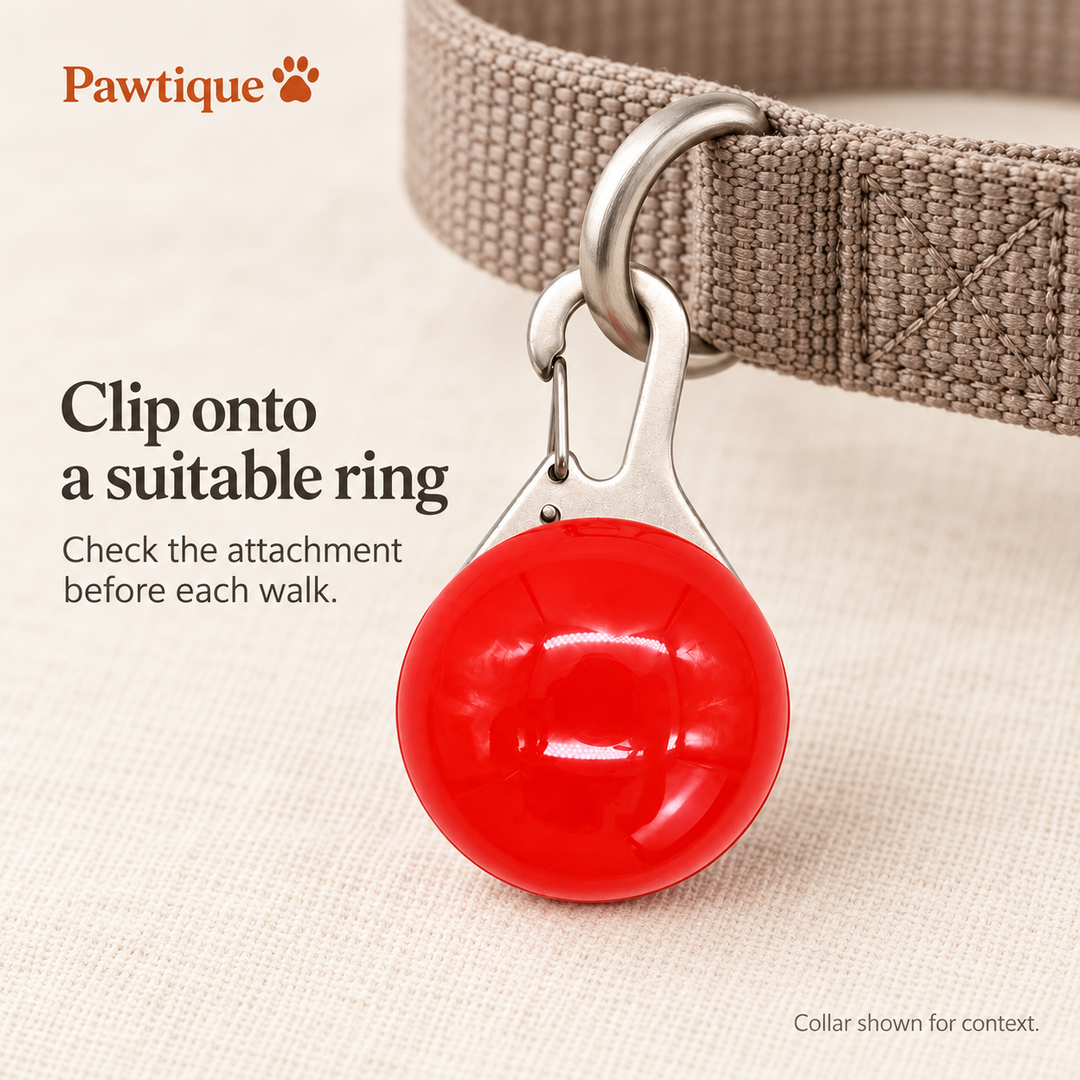 Red LED pendant clipped onto a suitable collar ring; collar shown for context