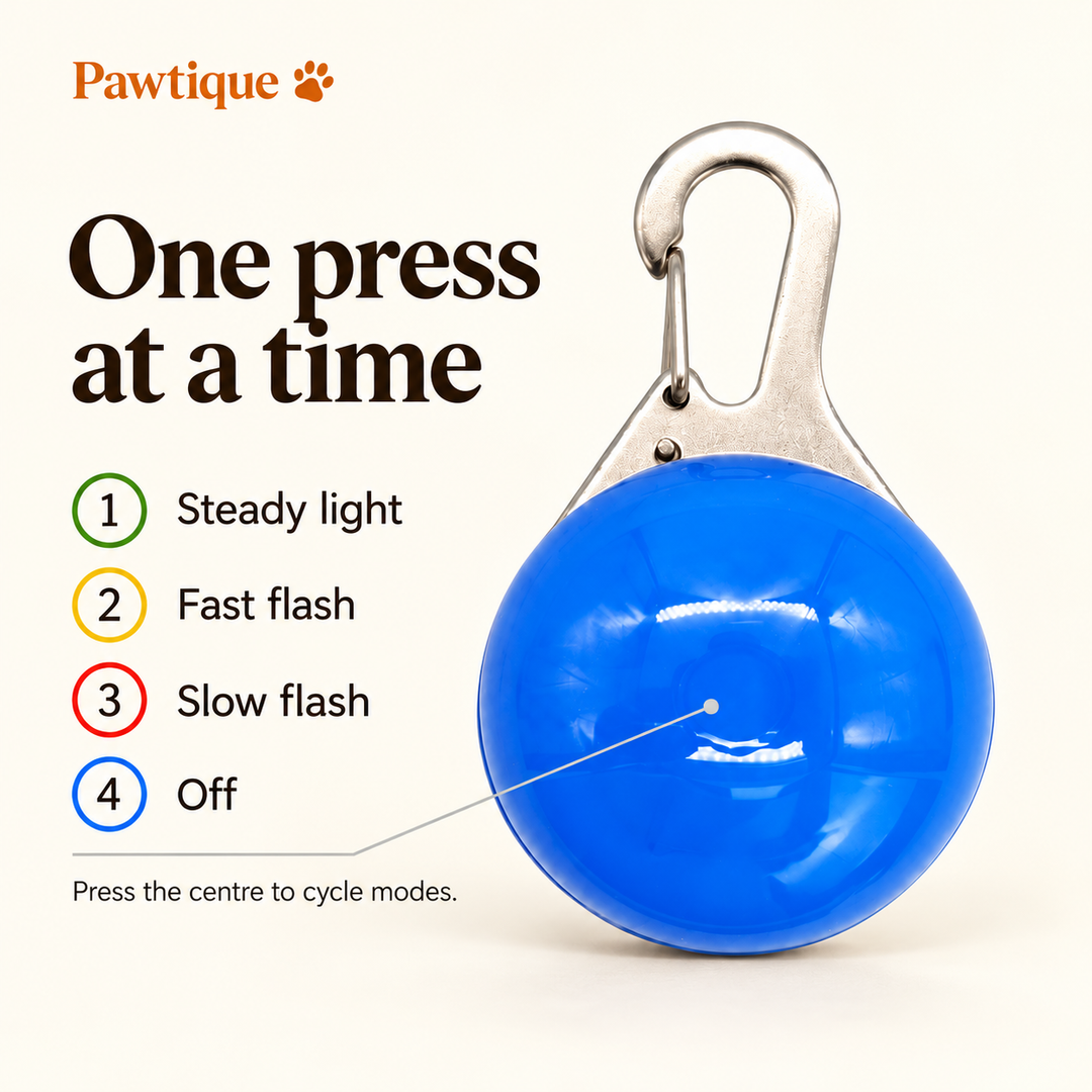 Press the centre: steady light, fast flash, slow flash, then off