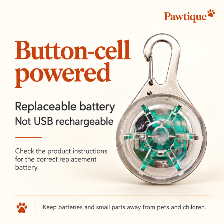 Button-cell powered pendant: replaceable battery, not USB rechargeable