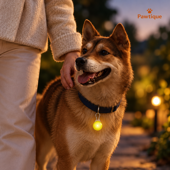 Yellow LED collar pendant worn on a navy dog collar during a dusk outing
