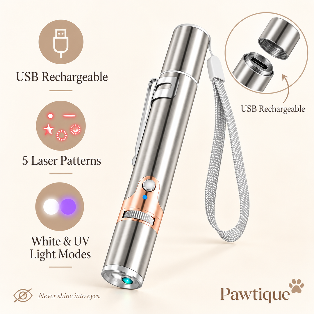 Pawtique rechargeable cat laser toy features and safety note