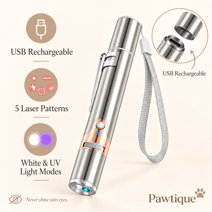 Pawtique rechargeable cat laser toy features and safety note