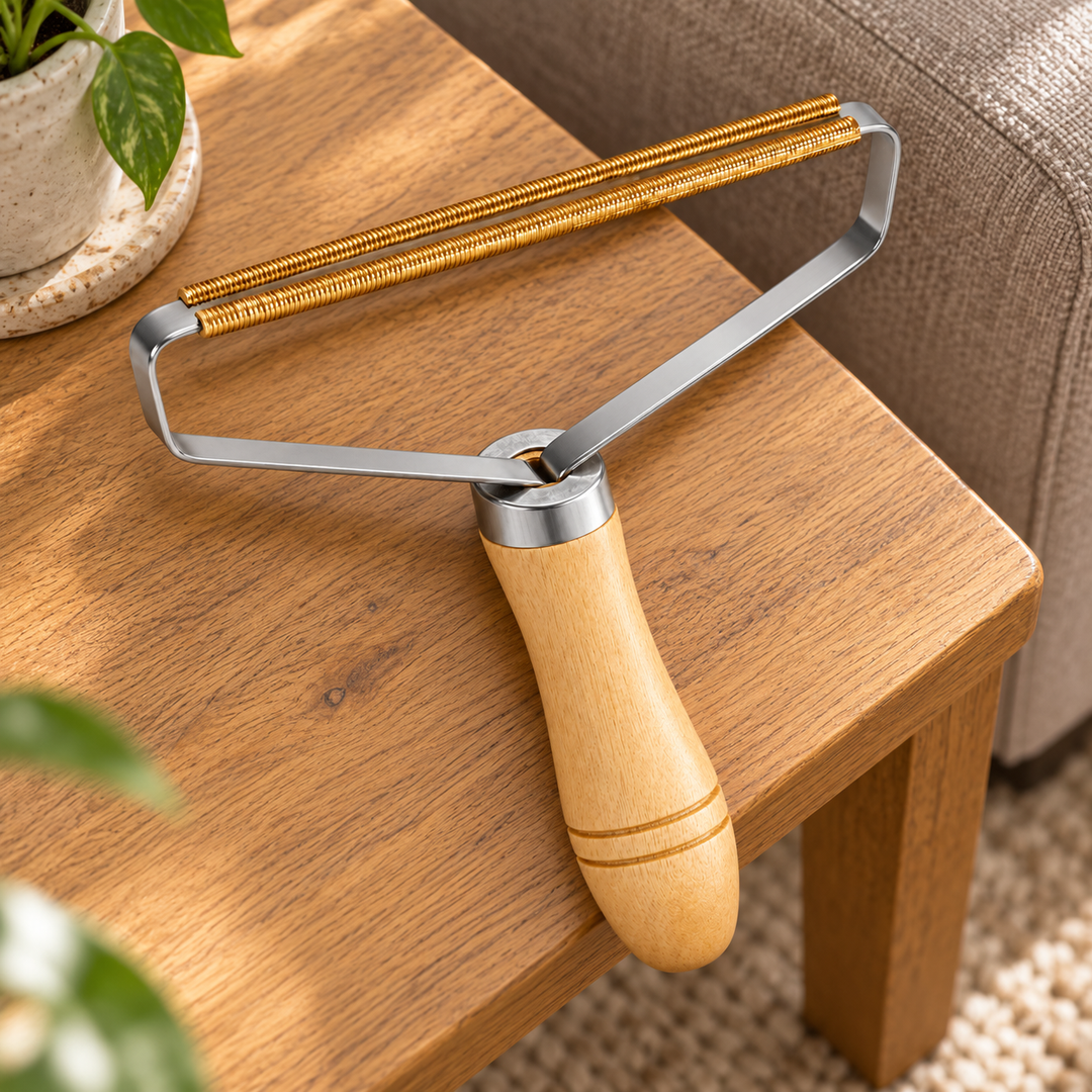 Manual lint scraper with two golden ridged bars, a silver frame and a wooden handle, resting on a side table beside a sofa.