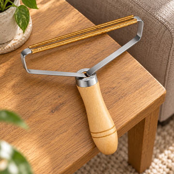 Manual lint scraper with two golden ridged bars, a silver frame and a wooden handle, resting on a side table beside a sofa.