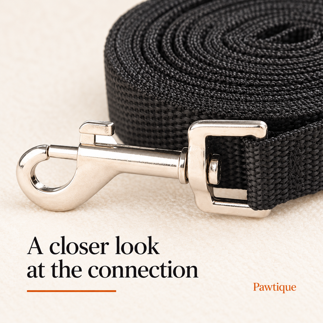 Close-up of the metal snap clip and black flat webbing