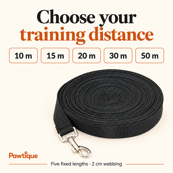 Pawtique long-line training leash: 10, 15, 20, 30 or 50 m lengths and 2 cm webbing