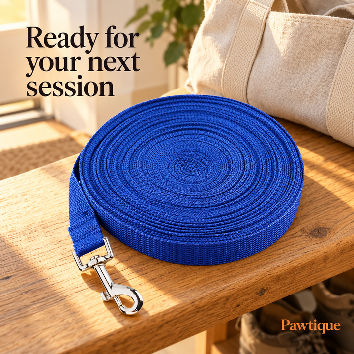 Blue long-line training leash rolled on an entryway bench; bag is a styling prop