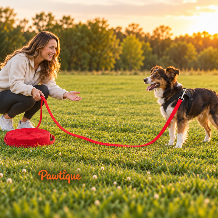 Red long-line leash in a supervised recall-practice scene with excess line rolled beside the handler