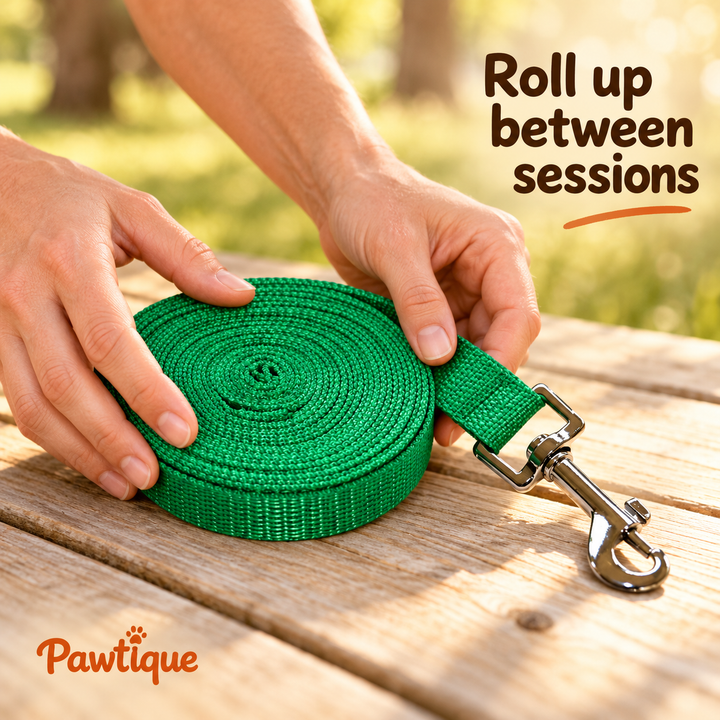 Green webbing long line rolled between training sessions
