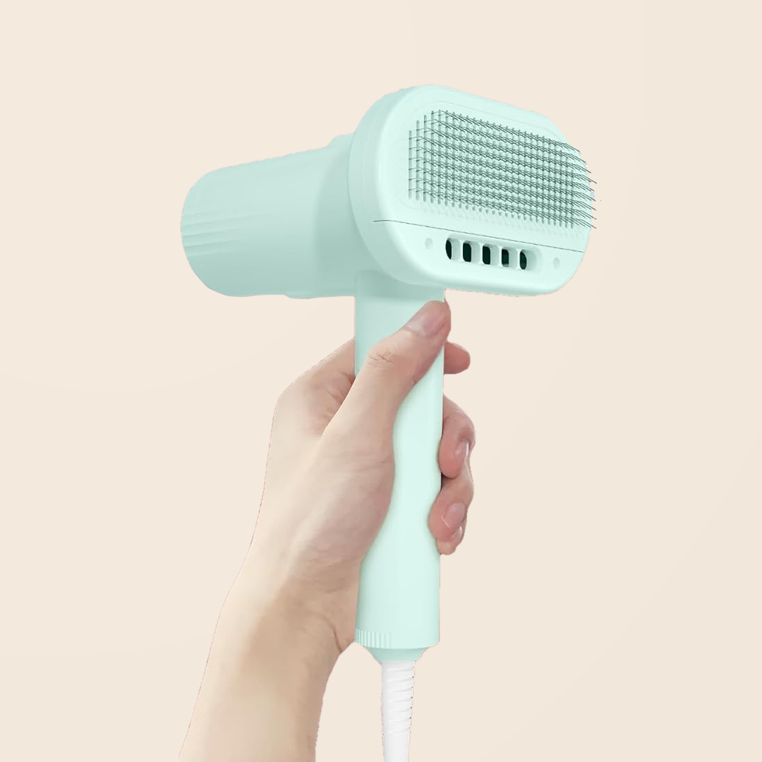 L&amp;W BROS. light blue 2-in-1 dog dryer and slicker brush with visible power cord