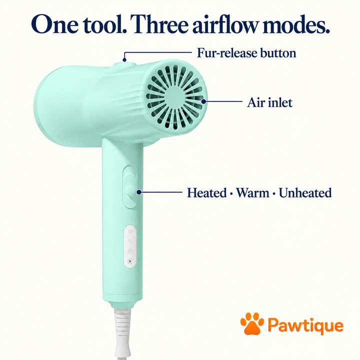 Light blue L&amp;W BROS. dryer controls with fur-release button, rear air inlet, and heated, warm and unheated modes