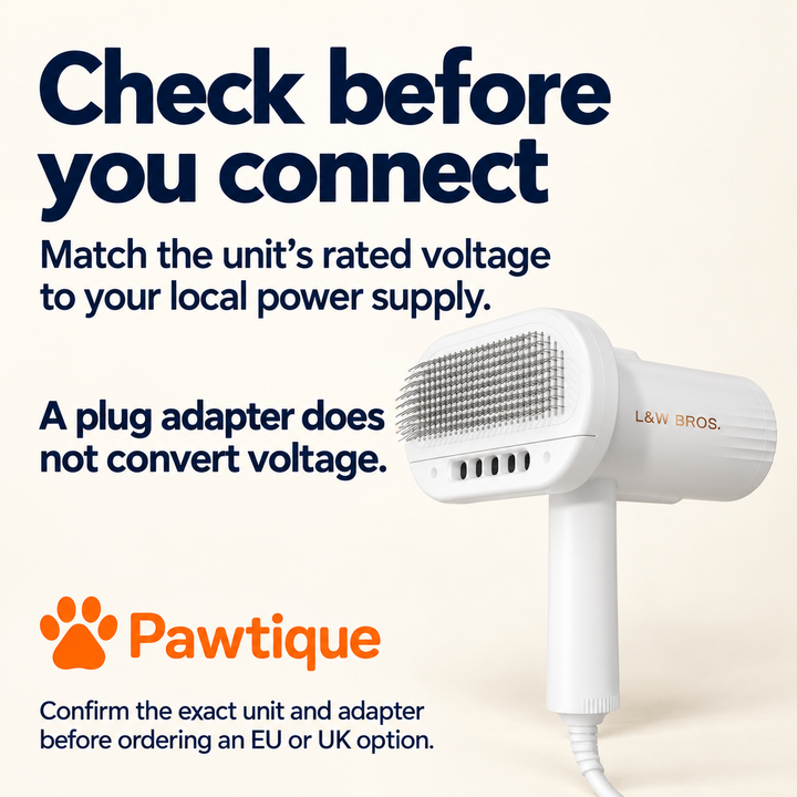 Electrical compatibility guide for the L&amp;W BROS. dryer: match rated voltage; a plug adapter does not convert voltage