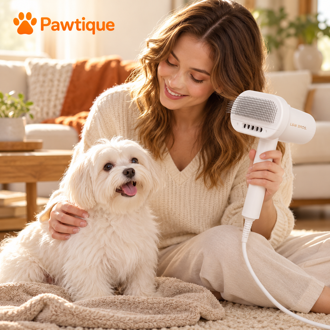 Owner holding the white L&amp;W BROS. dryer beside a small dog before a grooming session