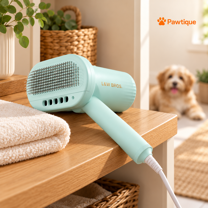 Light blue L&amp;W BROS. corded dryer resting on a dry shelf beside a folded towel