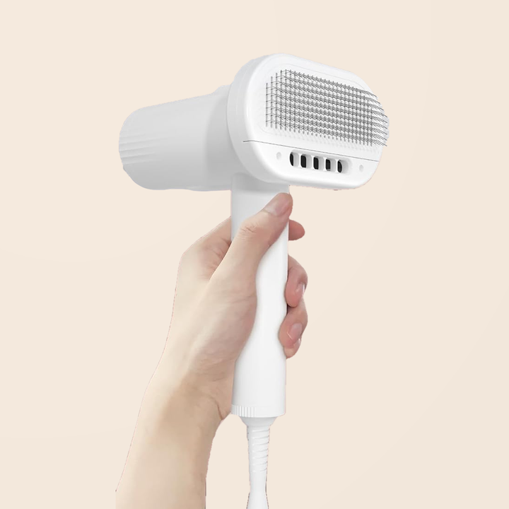 L&amp;W BROS. white 2-in-1 dog dryer and slicker brush with visible power cord