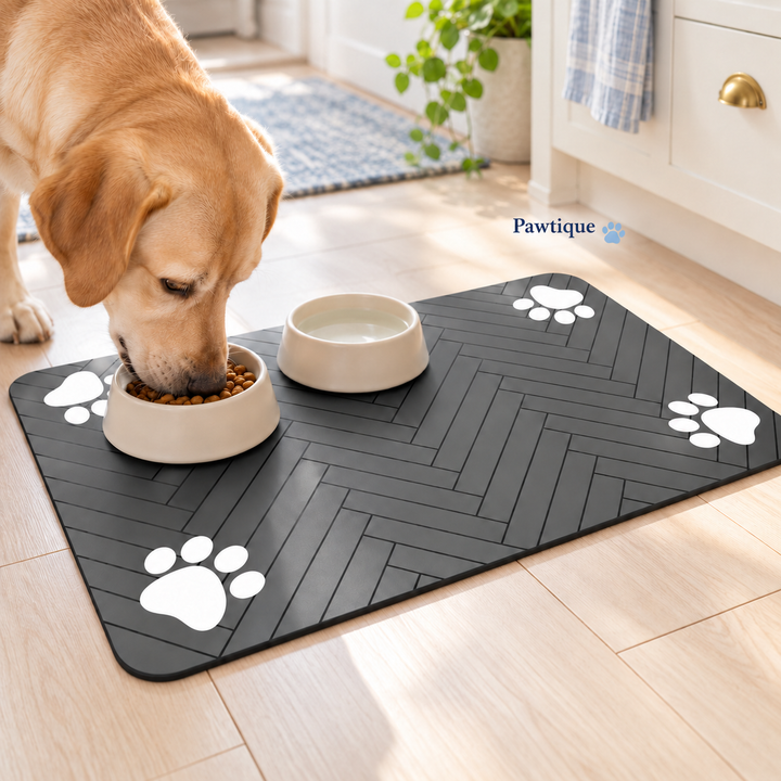 Dog eating from a cream bowl on the dark-gray Pawtique feeding mat with black herringbone lines and white paw motifs.
